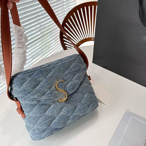 

women designer mini denim blue box bag aged gold letters metal hardware lock two-tone adjustable leather strap cross body shoulder handbag c