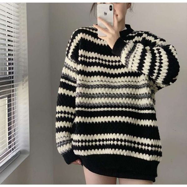 

autumn and winter style loose womens sweaters outer wear languid mid length fashionable american striped, White;black