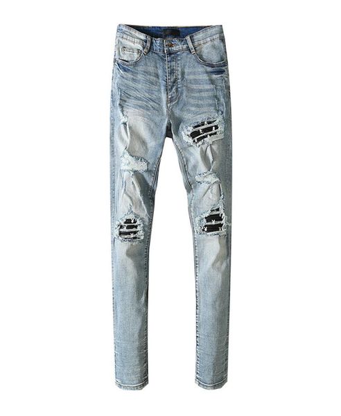 

mens jeans with holes sanding patches bunny printing washing making old pants in europe and america1416393, Blue