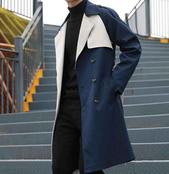 

men039s trench coats autumn windbreaker fashion double breasted long jacket for men streetwear contrast stitching male abrigo h8993842, Tan;black