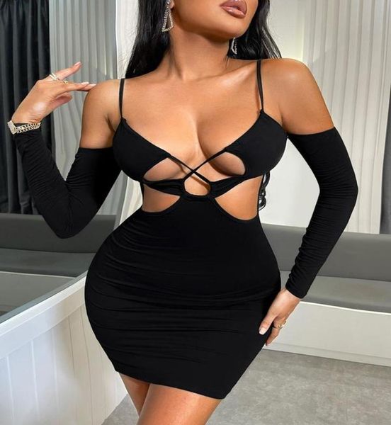 

criss cut out front cold shoulder bodycon dress she012346685490, Black;gray