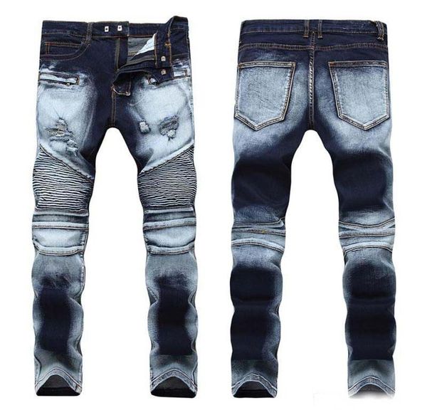 

new mens biker jeans vintage jeans denim knees holes hiphop pants washed 631044, Blue