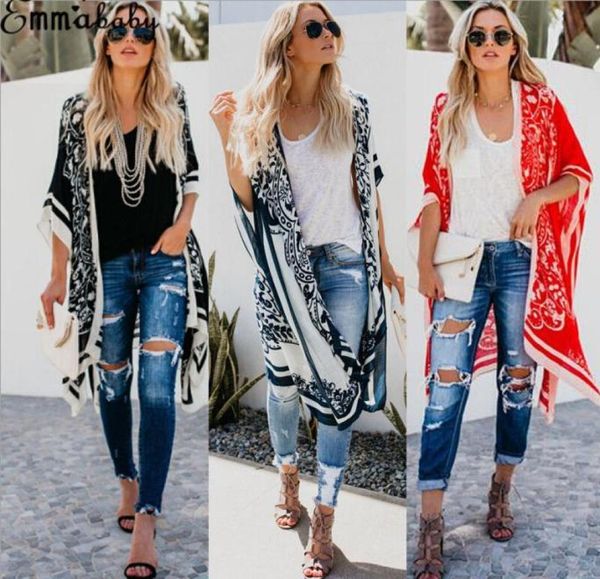 

womens kimono cardigan boho beach long blouse floral print summer ladies beachwear bating clothes shirt3658534, White