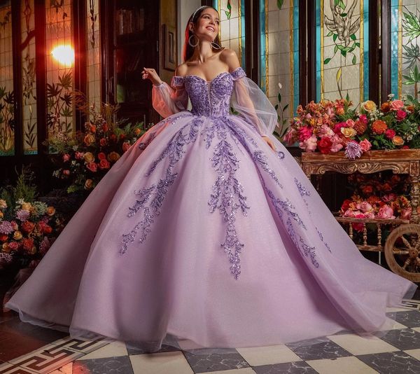 

lavender 2023 ball gown quinceanera dresses off the shoulder appliqued formal evening prom dress princess sweet 16, Blue;red