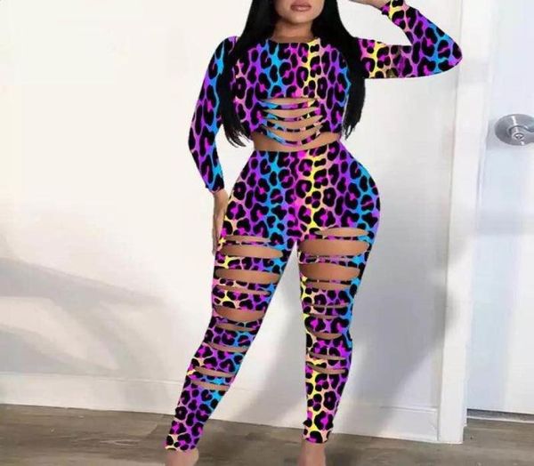 

leopard print two piece set women hollow out long sleeve crop high waist elastic pants suit female clubwear tracksuit wom1966730, Gray