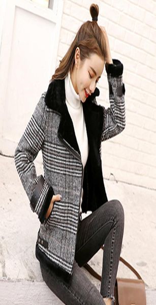 

fashion autumn winter coat women woolen coat plaid faux fur turndown collar thick lapels womens tide short wool2619716, Black