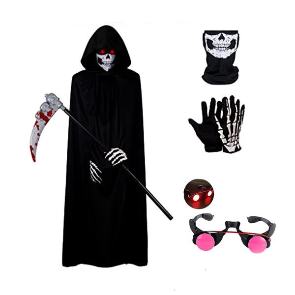 

theme costume halloween scary costume grim reaper costume for boys kids costume with glowing red eyes with gloves mask 230829, Black;red