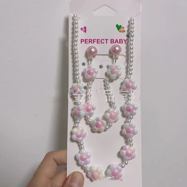 

girls children's necklace earrings set pearl flower jewelry, Silver