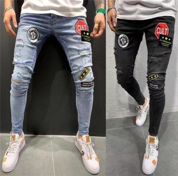 

men039s embroidery label skinny jeans hommes ripped pantalones hombre pantalones hombre jeans para denim pencil pants man jeans1856966157, Blue