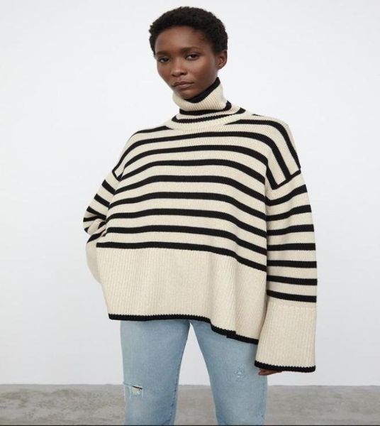 

women039s sweaters women sweater 2021 early autumn french retro high neck long sleeve striped wool knit 233229, White;black