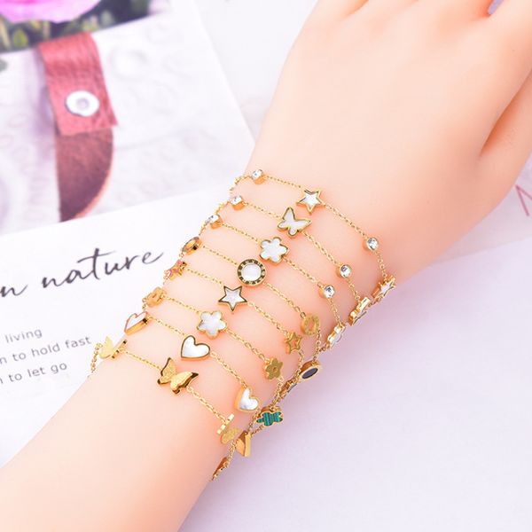 

new arrival white shell butterfly heart charm bracelet gold plated stainless steel bracelets jewelry, Golden;silver