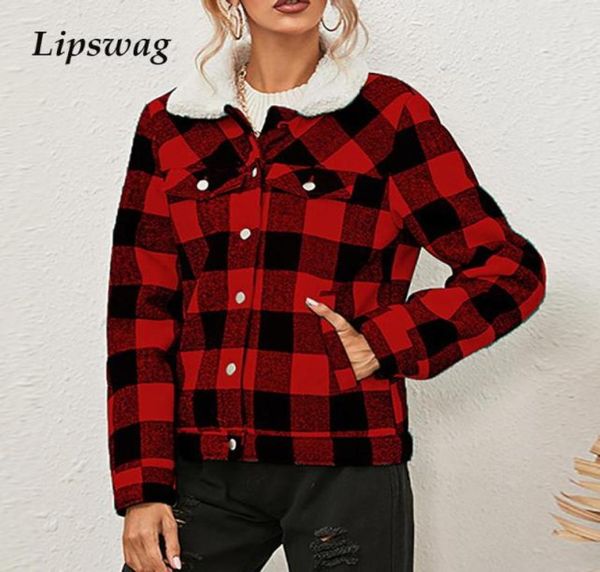 

fashion single breasted thicken shirt jackets women plaid turndown collar pocket outwear casual female coat streetwear jacket6446931, Black;brown
