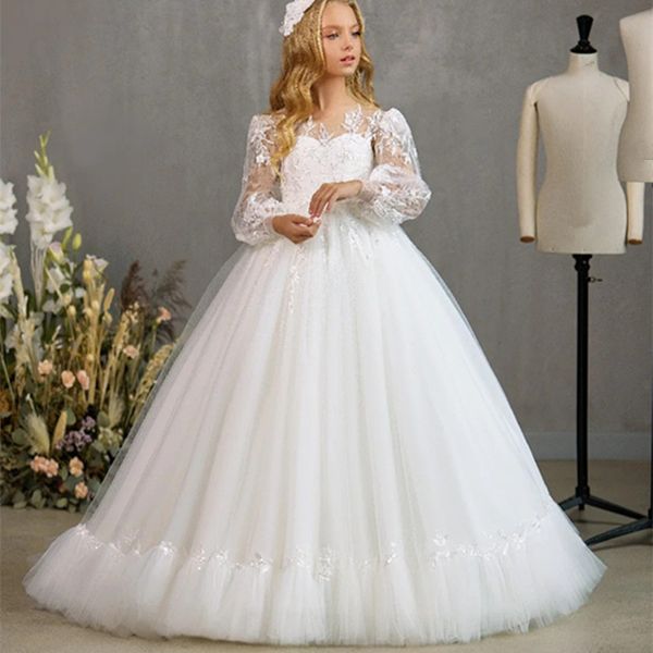 

elegant scoop neck transparent long sleeve wedding party formal occasion lace flower girl dress, White;blue