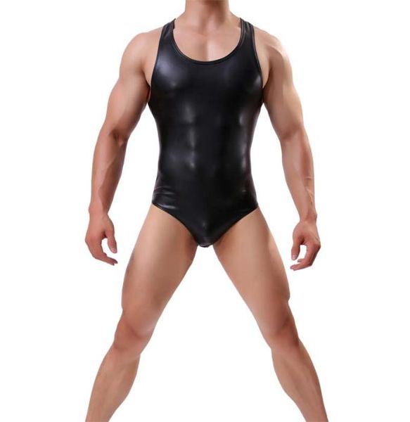 

mens bodysuit imitation leather one piece jumpsuits shapers mens wrestling singlet body shaper bodybuilding body suits size m5860602, Black;brown