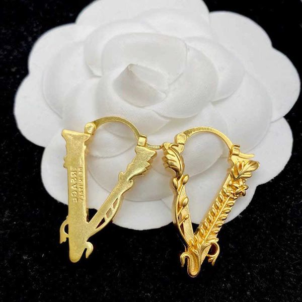 

earrings designer v-letter brass with simple 925 silver needle and niche design for women, Golden;silver