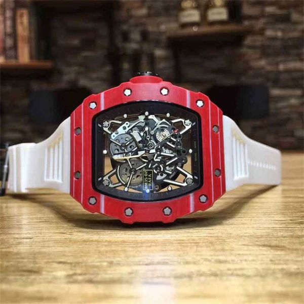 

richa milles red mens automatic mechanical watch carbon fiber hollowed out luminous fashion trend personalized waterproof, Slivery;brown
