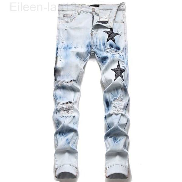 

mens jeans designer jeans mens designer pant mens slim fit elastic embroidery fashion jean style cat whisker whitening men's broken hol, Blue
