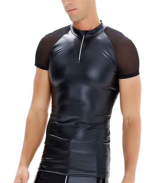 

man leather bodysuit pu corset shirt workout short sleeve sauna suit underwear premium slimming shapewear2132843, Black;brown