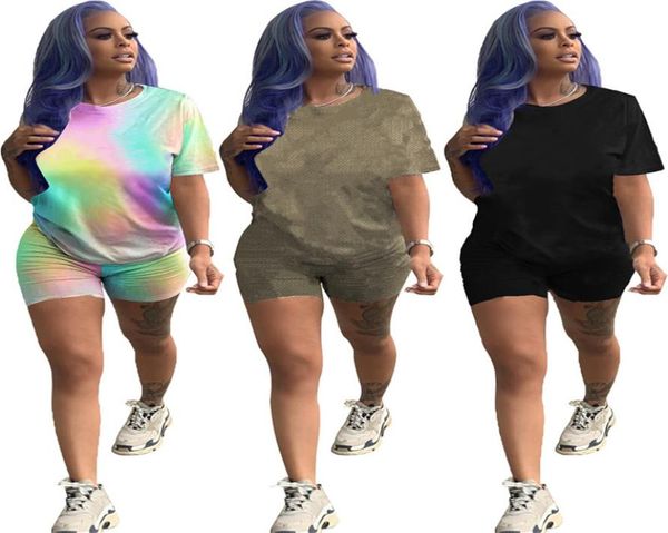 

plus size womens casual tracksuits sports two piece sets summer clothing short sleeve t shirtmini shorts slim jogger suit letter 6239113, Gray