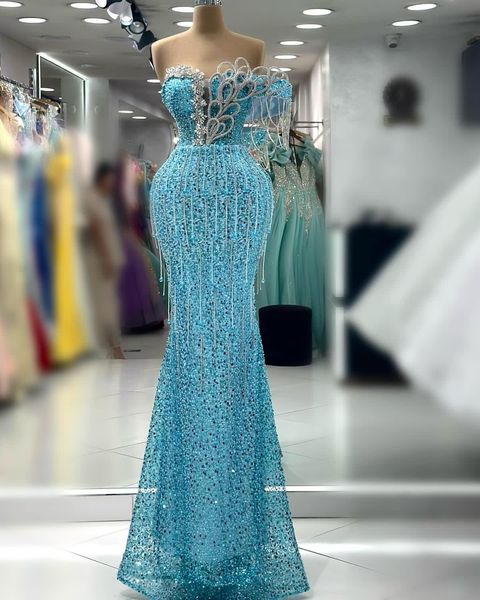 

2023 aso ebi arabic mermaid sky blue prom dress crystals sequined lace evening formal party second reception birthday engagement gowns dress, Black