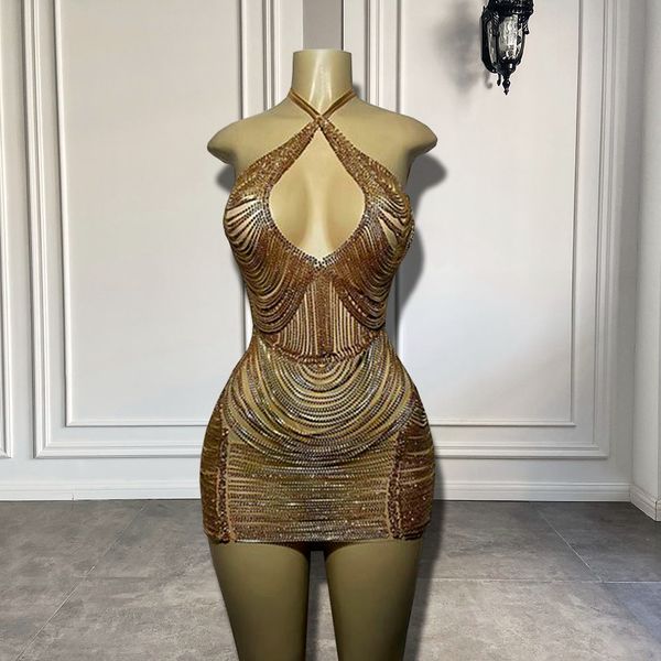 

luxury halter sleeveless short prom dress black girl gold short mini cocktail birthday party gowns 2024 robe de soiree
