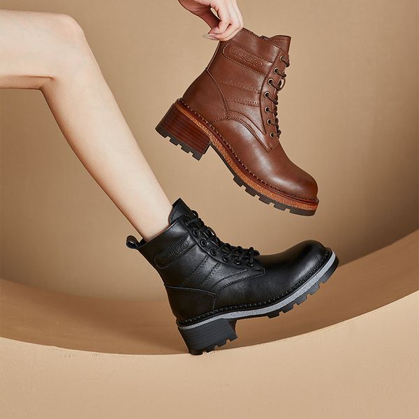 

2023 autumn thick-soled martin boots women british retro side zipper womens ankle boot casual lace up inner heightened woman shoes, Black