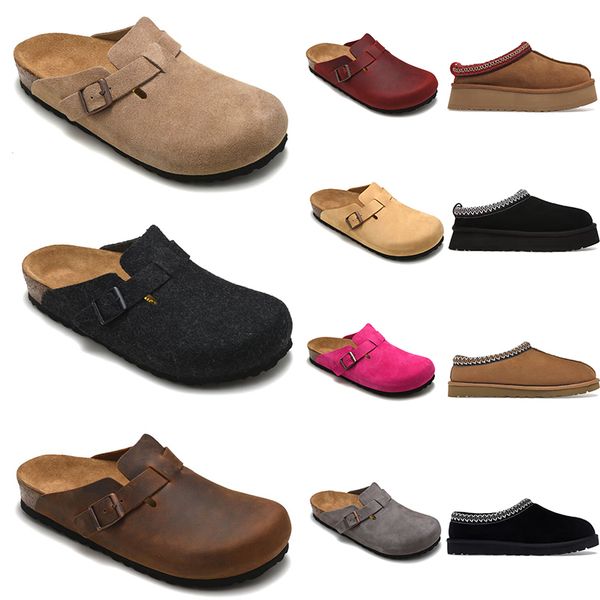 

boston designer slipper for men women classic leather clogs slippers fur fluffy tazz mules winter warm scuffs furry brown black pantoufle fl
