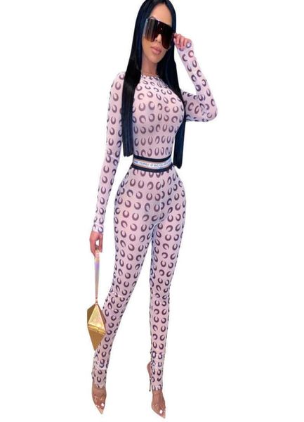 

women jumpsuit rompers mesh perspective new nightcb fashion long sleeve printed slim female casual bodysuit yoga pants outfits 8711096665, White