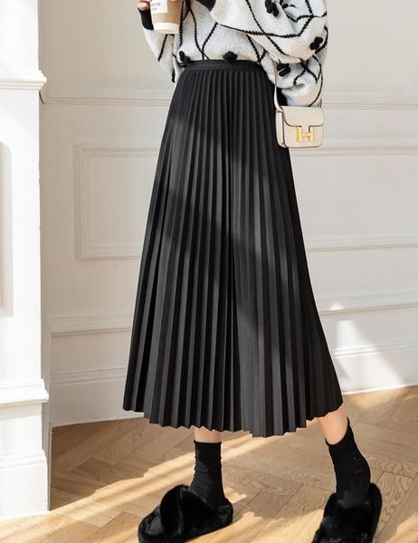 

skirts tigena fall winter classic pleated skirt women 2022 korean simple solid allmatch a line high waist midi long female lady4908080, Black