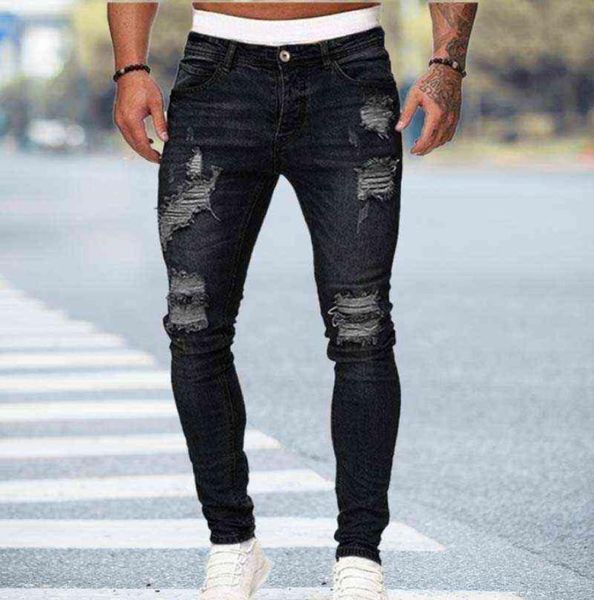 

black skinny jeans men ripped jeans male 2021 new casual hole summer street hip hop slim denim pants man fashion jogger trousers h2875874, Blue