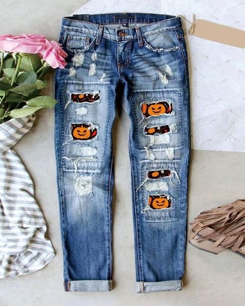

women's jeans halloween pumpkin print ripped straight leg jeans casual denim pant women fashion women's outfits female clothing 23, Blue