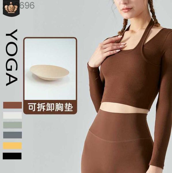 

2023 desginer al yoga t short aloautumn/winter rib neck strap padded long sleeve fake two pieces slim fit open umbilicfitness suit, White