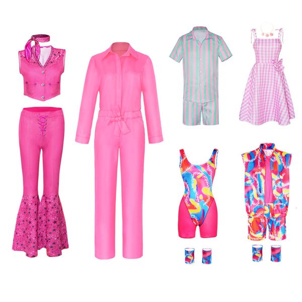 

theme costume movie barbi cosplay costume for women margot robbie pink dress men ken ryan gosling clothes girls boys halloween outfit 230829, Black;red