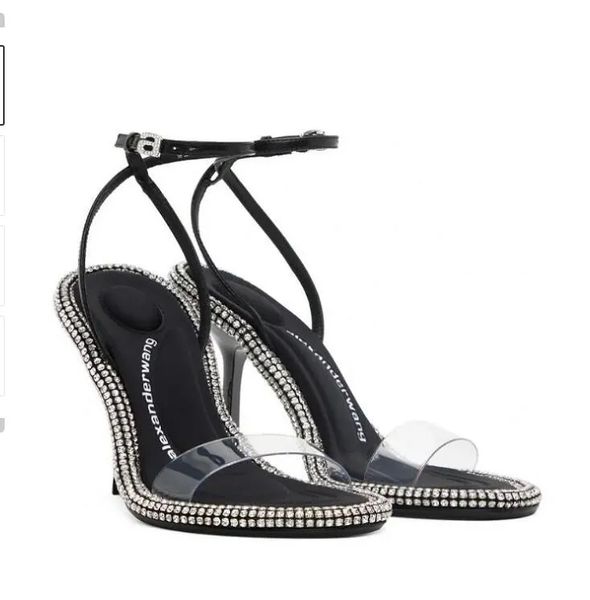 

summer luxury wang nima sandals shoes women strappy design covered delphine stiletto heel summer round toe crystal branding straps party wed, Black