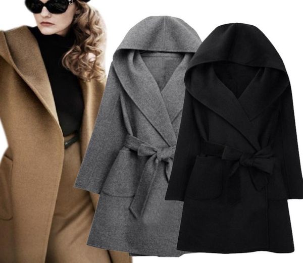 

2016 new winter women wool coat long sleeve two sides wear belted loose warm woolen jacket hooded outerwear h97509509, Black