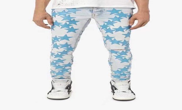 

falection mens 21ss amimike distressed blue leather stars patch ripped denim bluejeans9789008