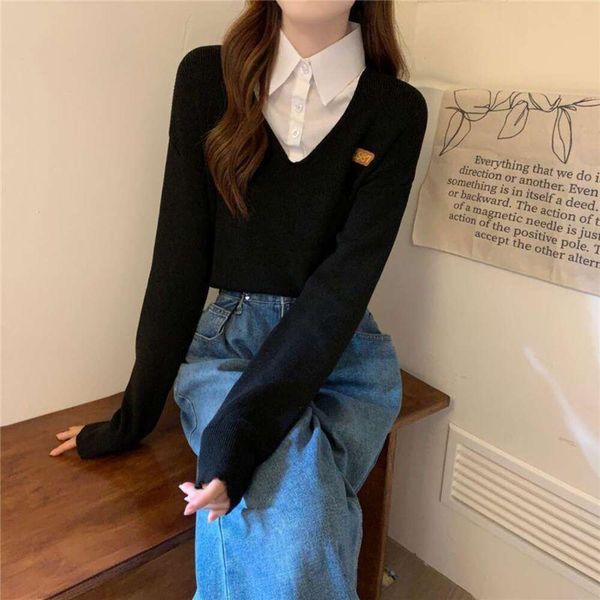 

autumn style fake two piece sweater womens fashion shirt collar top, White;black