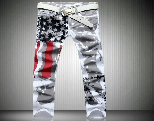 

printed design jeans men american flag stars straight pants slim fit stretch trousers4805001, Blue