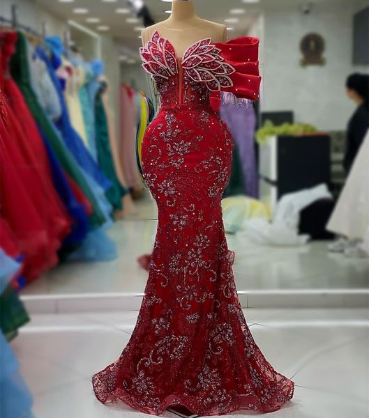 

2023 aso ebi arabic red mermaid prom dress crystals sequined lace evening formal party second reception birthday engagement gowns dresses ro, Black
