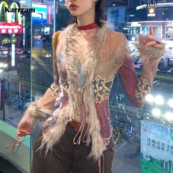 

women s blouses shirts karrram grunge tassel shirt y2k aesthetics mesh japanese harajuku cottagecore print irregular 2000s vintage 230830, White