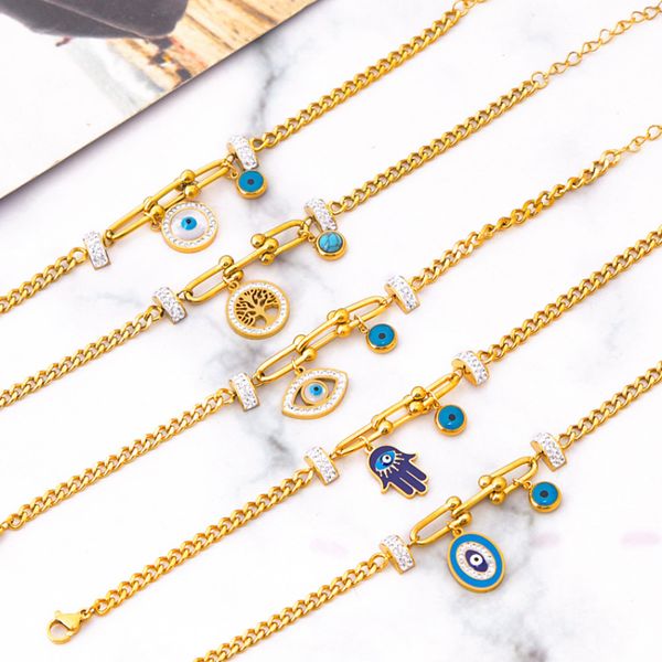 

classic gold micro pave evil eye clover charm bracelet for women gift, Golden;silver