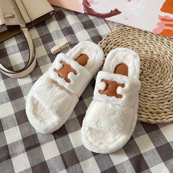 

luxury fashion plush slippers for autumn and winter fur slippers fur slides women plush fluffy slipper warm designer trendy slippers 01, Black
