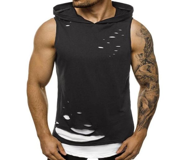 

men039s tank breathable men summer stylish double layer ripped sleeveless vest sports hoodie blouse sweatshirt with hood2160508, White;black
