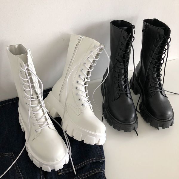 

boots mid calf boots women autumn winter fashion lace-up ladies chelsea zipper botas mujer boots sports platform heel ladies shoes 230829, Black