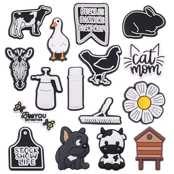 

wholesale 100pcs pvc cow duck rabbit chick lovely farm animals garden shoe buckle decorations for children charms button clog backpack, White;pink