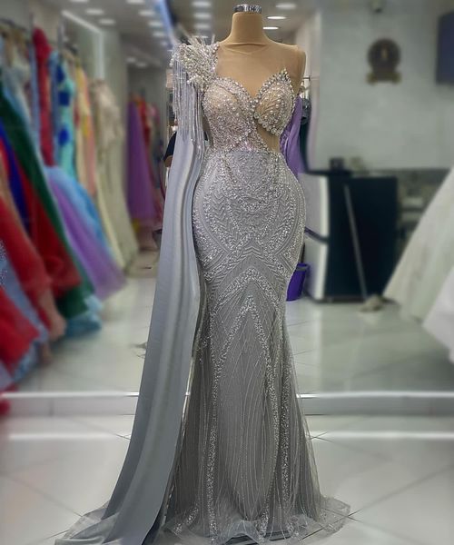 

2023 aso ebi arabic silver mermaid prom dress crystals pearls evening formal party second reception birthday engagement gowns dresses robe d, Black