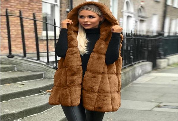 

women fluffy loose waistcoat sleeveless coats outwear faux fur coat vest winter autumn warm hooded vest jackets female fur gilet2465808, Black