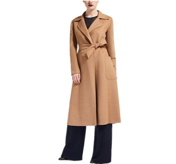 

2020 autumn winter ladies black camel long cashmere design robe coat with belt women overcoat female abrigo mujer6436202