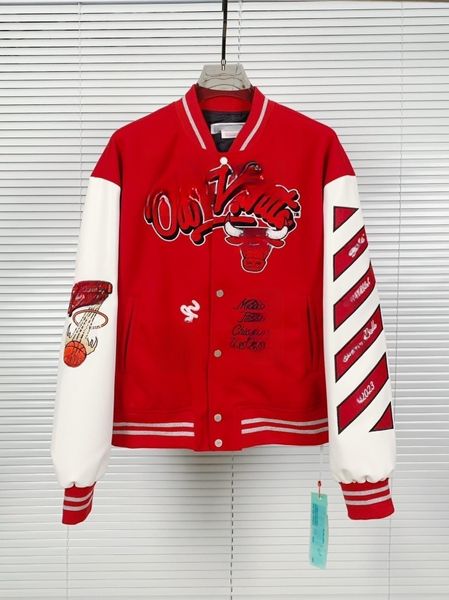 

autumn/winter off brand white jacket 2023 fashion brand coat heavy industry embroidered baseball clothing for men and women warm couple top, Black;brown
