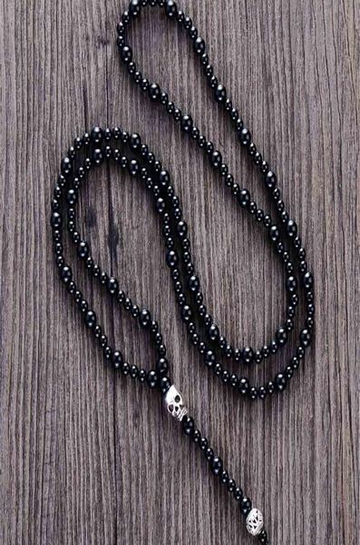 

men necklace quality black onyx with skull mens rosary necklace beads punk couple necklace mens jewelry drop 2012112589660, Silver
